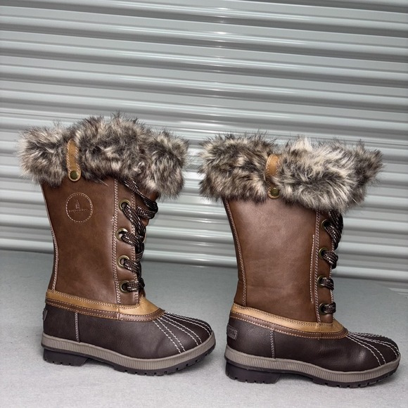 London Fog Snow Boots Womens Size 7 Brown LFW-Melton 2 Faux Fur Lace Up Winter - Picture 2 of 9